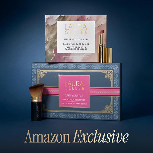 LAURA GELLER NEW YORK Own Your Age Boxed Makeup Collection | Amazon Exclusive - Giftable Makeup Set with All-in-One Face Palette, Hydrating Lip Color Balm and Retractable Travel Friendly Kabuki Brush
