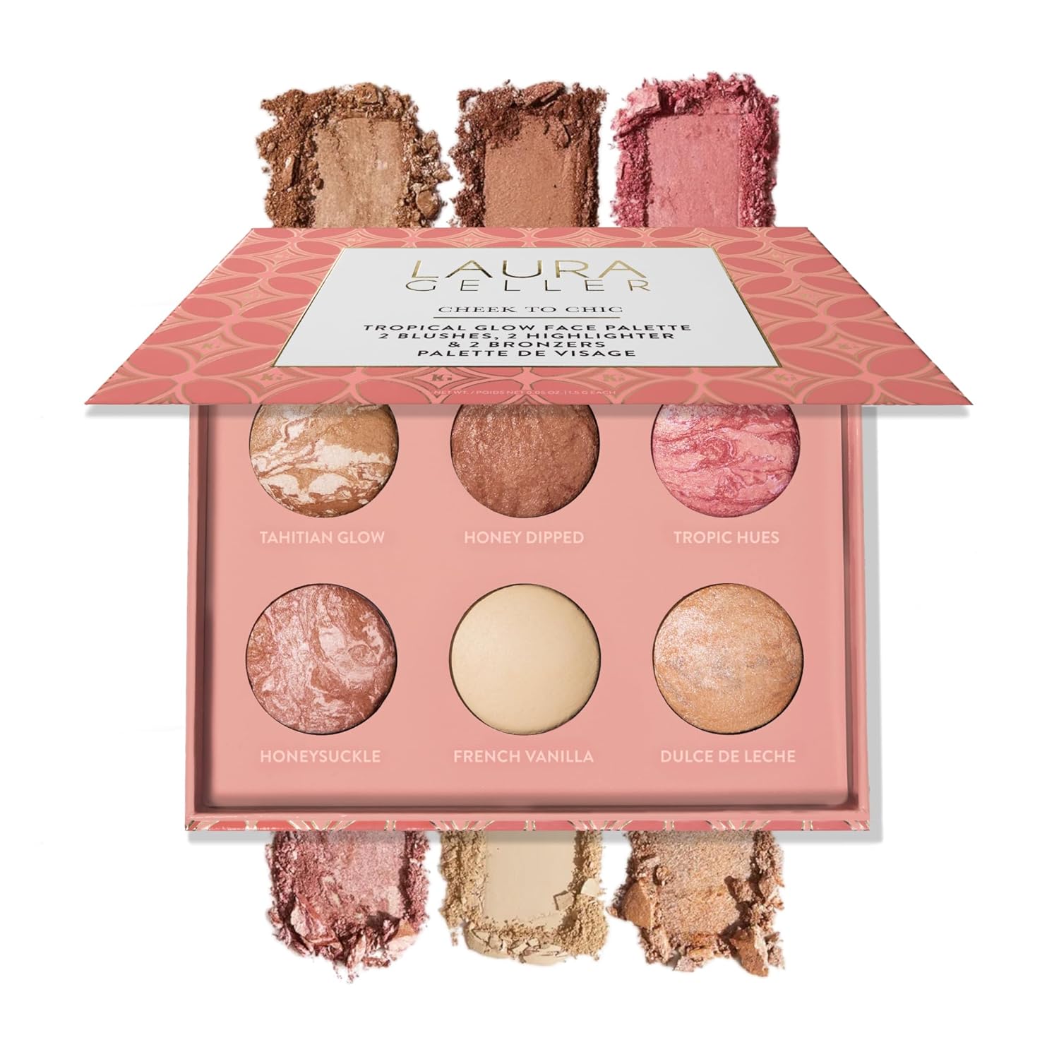 LAURA GELLER NEW YORK Cheek to Chic Tropical Glow Baked Face Palette | Includes 2 Blushes, 2 Bronzers and 2 Radiant Highlighters