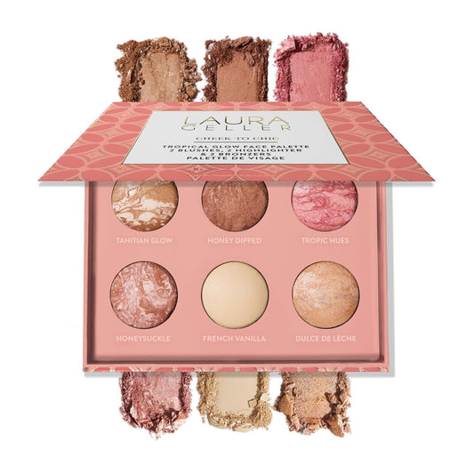 LAURA GELLER NEW YORK Cheek to Chic Tropical Glow Baked Face Palette | Includes 2 Blushes, 2 Bronzers and 2 Radiant Highlighters